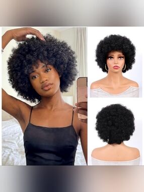 7" Afro Wig 100% Human Hair Short Curly Wig With Bangs Bouncy Fluffy
